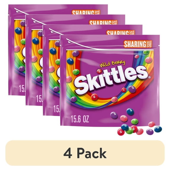 (4 pack) Skittles Wild Berry Chewy Candy, Sharing Size Fruity Candy, 15.6 oz Resealable Bag