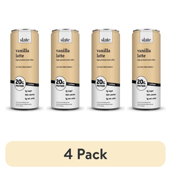 (4 pack) Slate Milk Vanilla Latte, High Protein Iced Coffee, 20g Protein, 11 fl oz can, Ready to Drink