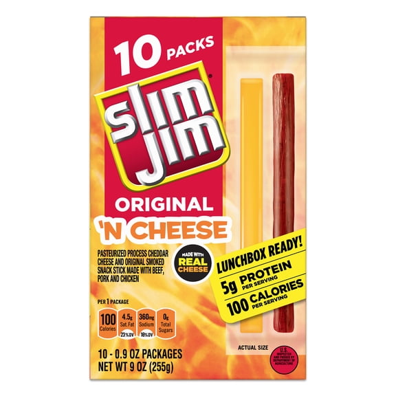 (4 pack) Slim Jim Beef 'N Cheese Smoked Meat Sticks, Original Flavor, 5g Protein Per Serving, Snack Size, 0.9 oz. (10 Count)