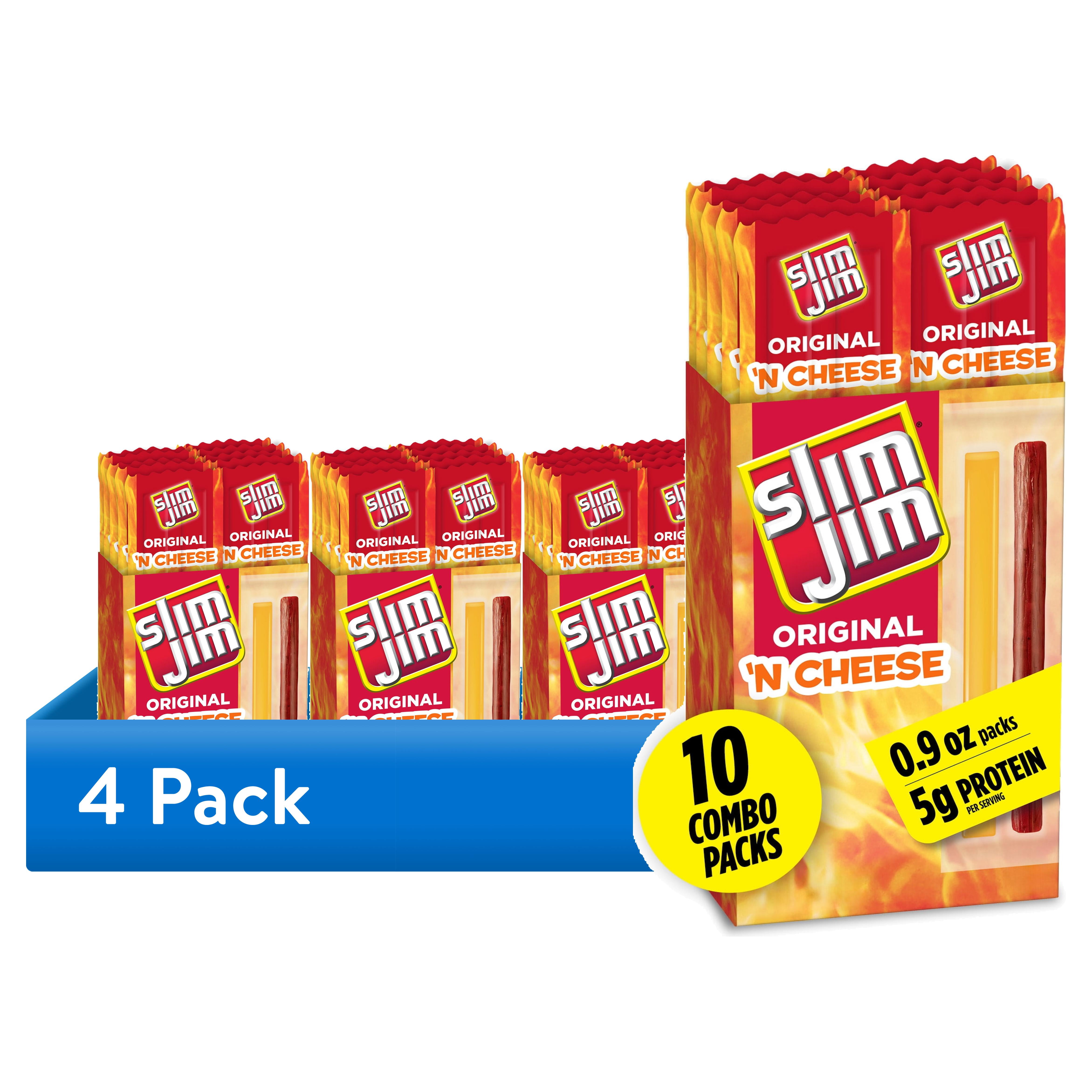 (4 pack) Slim Jim Beef 'N Cheese Smoked Meat Sticks, Original Flavor, 5g Protein Per Serving, Snack Size, Camping Snack, 0.9 oz. (10 Count)