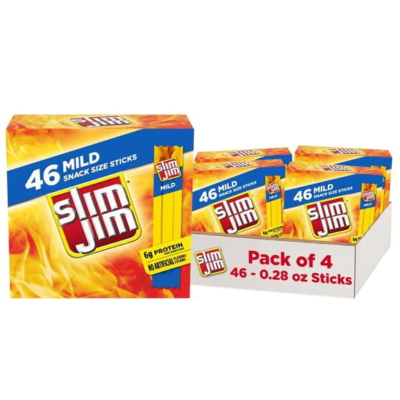 (4 pack) Slim Jim Smoked Meat Sticks, Mild Flavor, 6g Protein Per Serving, Snack Size, Easter Basket Stuffer for Men, 0.28 oz. (46 Count)