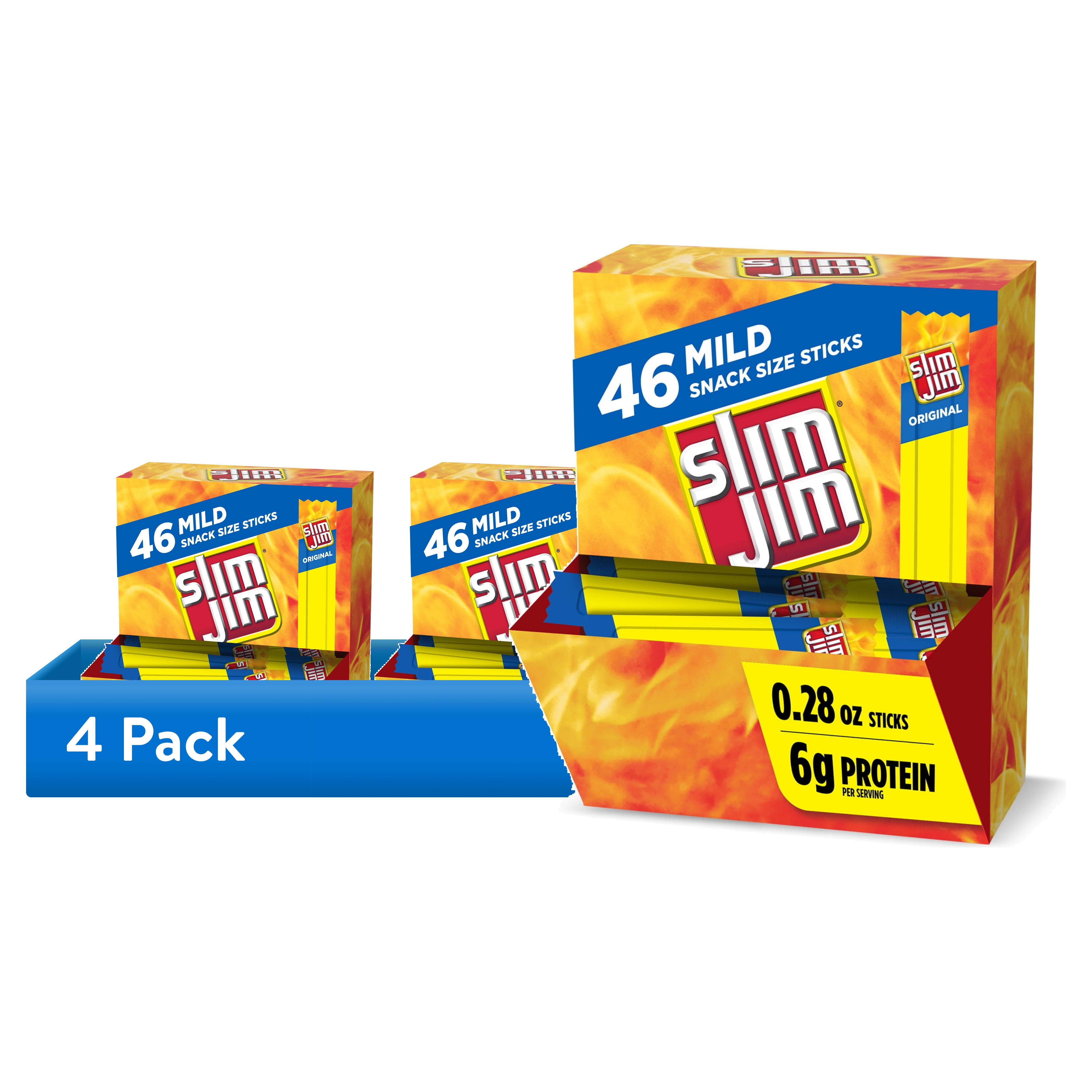 (4 pack) Slim Jim Smoked Meat Sticks, Mild Flavor, 6g Protein Per Serving, Snack Size, Camping Snack, 0.28 oz. (46 Count)