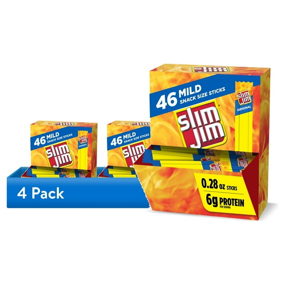 (4 pack) Slim Jim Smoked Meat Sticks, Mild Flavor, 6g Protein Per Serving, Snack Size, 0.28 oz. (46 Count)