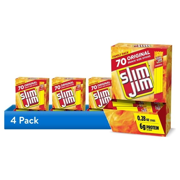 (4 pack) Slim Jim Smoked Meat Sticks, Original Flavor, 6g Protein Per Serving, Snack Size, 0.28 oz. (70 Count)