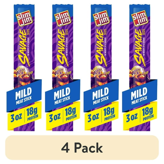 (4 pack) Slim Jim Savage Smoked Meat Sticks, Mild Flavor, High Protein, 3.0 oz.