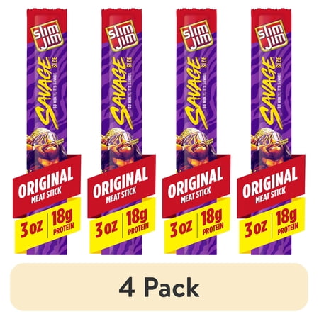 (4 pack) Slim Jim Savage Smoked Meat Sticks, Original Flavor, High Protein, 3.0 oz.