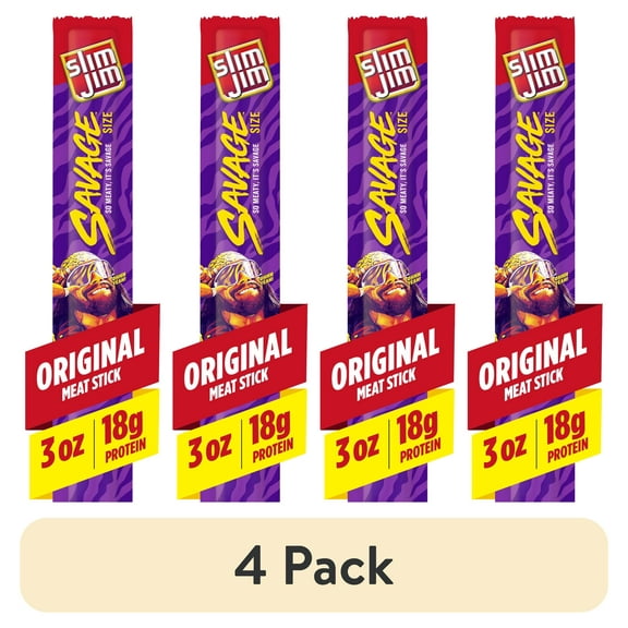 (4 pack) Slim Jim Savage Smoked Meat Sticks, Original Flavor, High Protein, 3.0 oz.