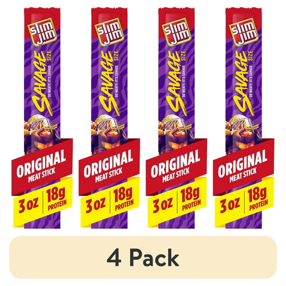(4 pack) Slim Jim Savage Smoked Meat Sticks, Original Flavor, High Protein, 3.0 oz.