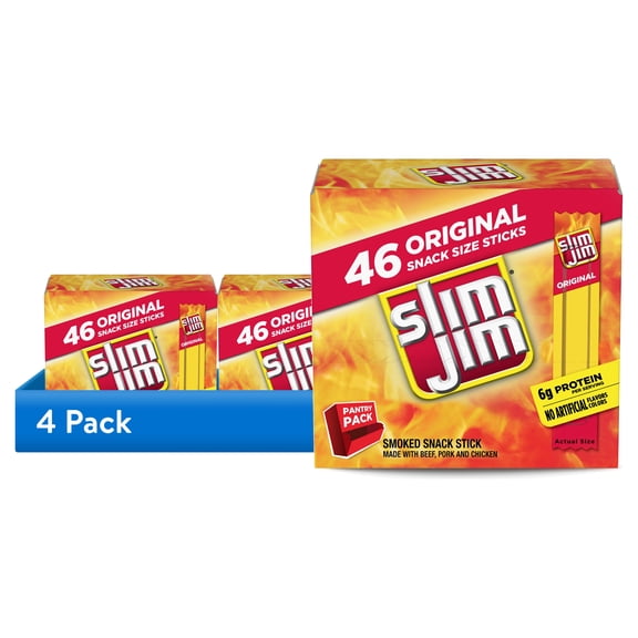 (4 pack) Slim Jim Smoked Meat Sticks, Original Flavor, 6g Protein Per Serving, Snack Size, 0.28 oz., 46-Count (Pack of 4)