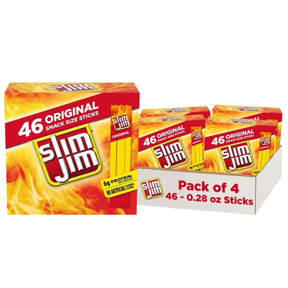 (4 pack) Slim Jim Smoked Meat Sticks, Original Flavor, 6g Protein Per Serving, Snack Size, 0.28 oz., 46-Count (Pack of 4)