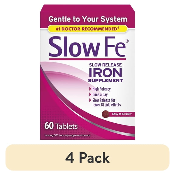 (4 pack) Slow Fe 45mg Iron Supplement for Iron Deficiency, Slow Release, High Potency, Easy to Swallow Tablets - 60 Count