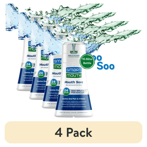 (4 pack) SmartMouth Activated Dual-Solution Mouth Sore Rinse Mouthwash, Cool Mint, 10.82 fl oz, Adult