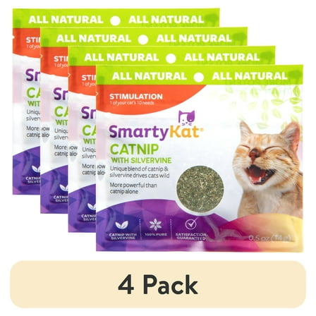 (4 pack) SmartyKat Catnip with Silvervine, Pure & Potent Blend for Cats, Resealable Pouch, 0.5 oz
