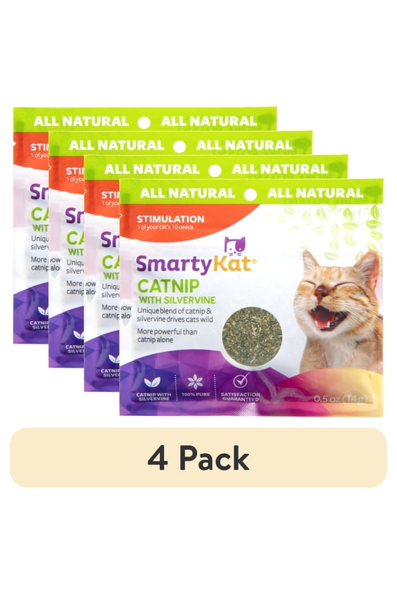 (4 pack) SmartyKat Catnip with Silvervine, Pure & Potent Blend for Cats, Resealable Pouch, 0.5 oz