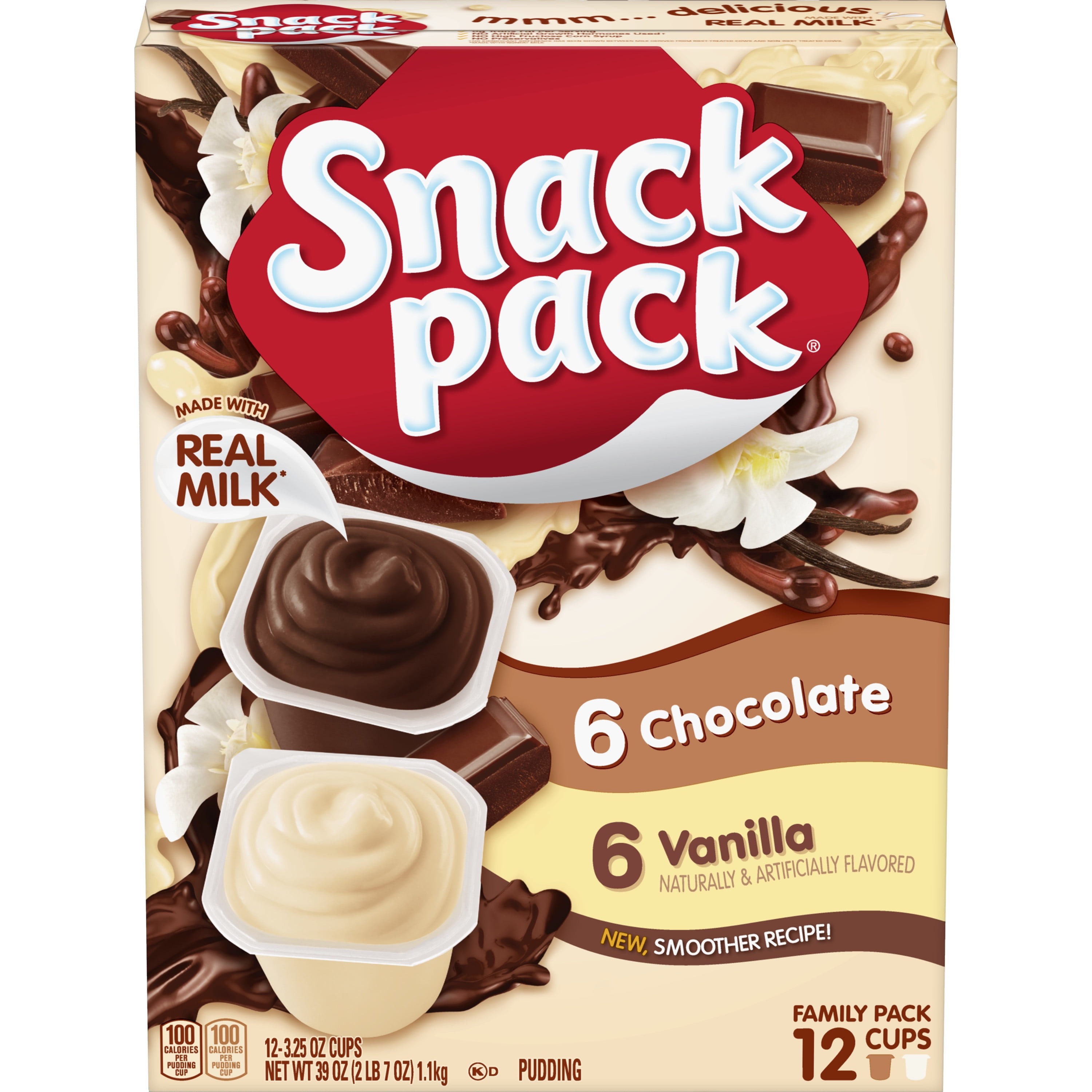 (4 pack) Snack Pack Chocolate Pudding and Vanilla Pudding, 3.25 oz Pudding Cups, 12 Count Family Pack