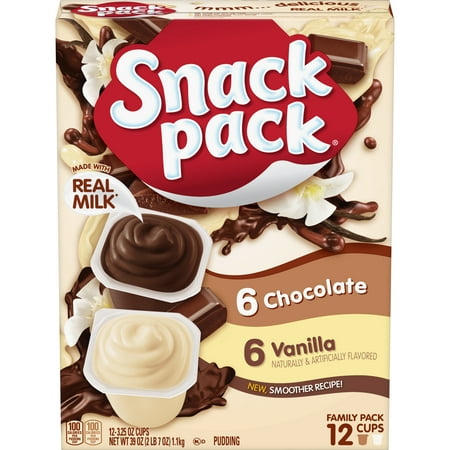 (4 pack) Snack Pack Chocolate Pudding and Vanilla Pudding, 3.25 oz Pudding Cups, 12 Count Family Pack