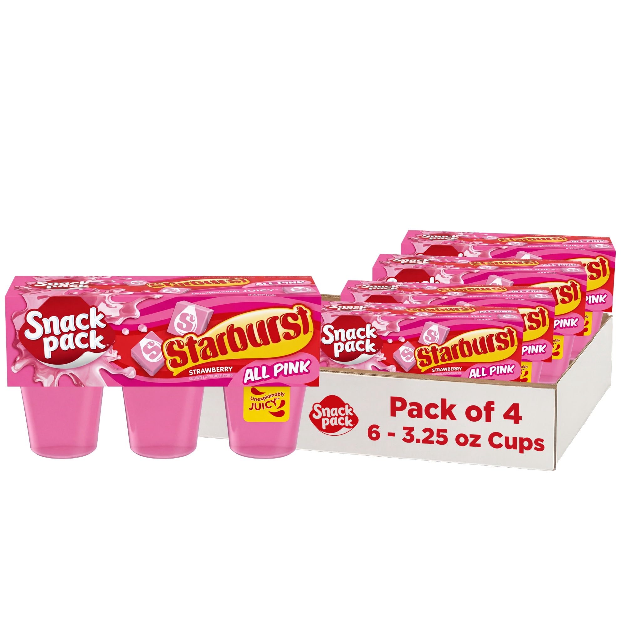 (4 pack) Snack Pack Pink STARBURST Flavored Juicy Gels Cups, 3.25 oz 6 Count