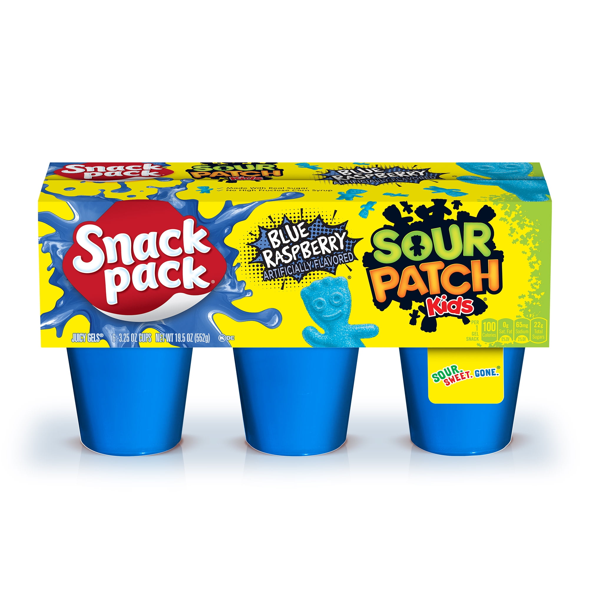 (4 pack) Snack Pack SOUR PATCH KIDS BLUE RASPBERRY Flavored Juicy Gels, 6 Count Snack Cups