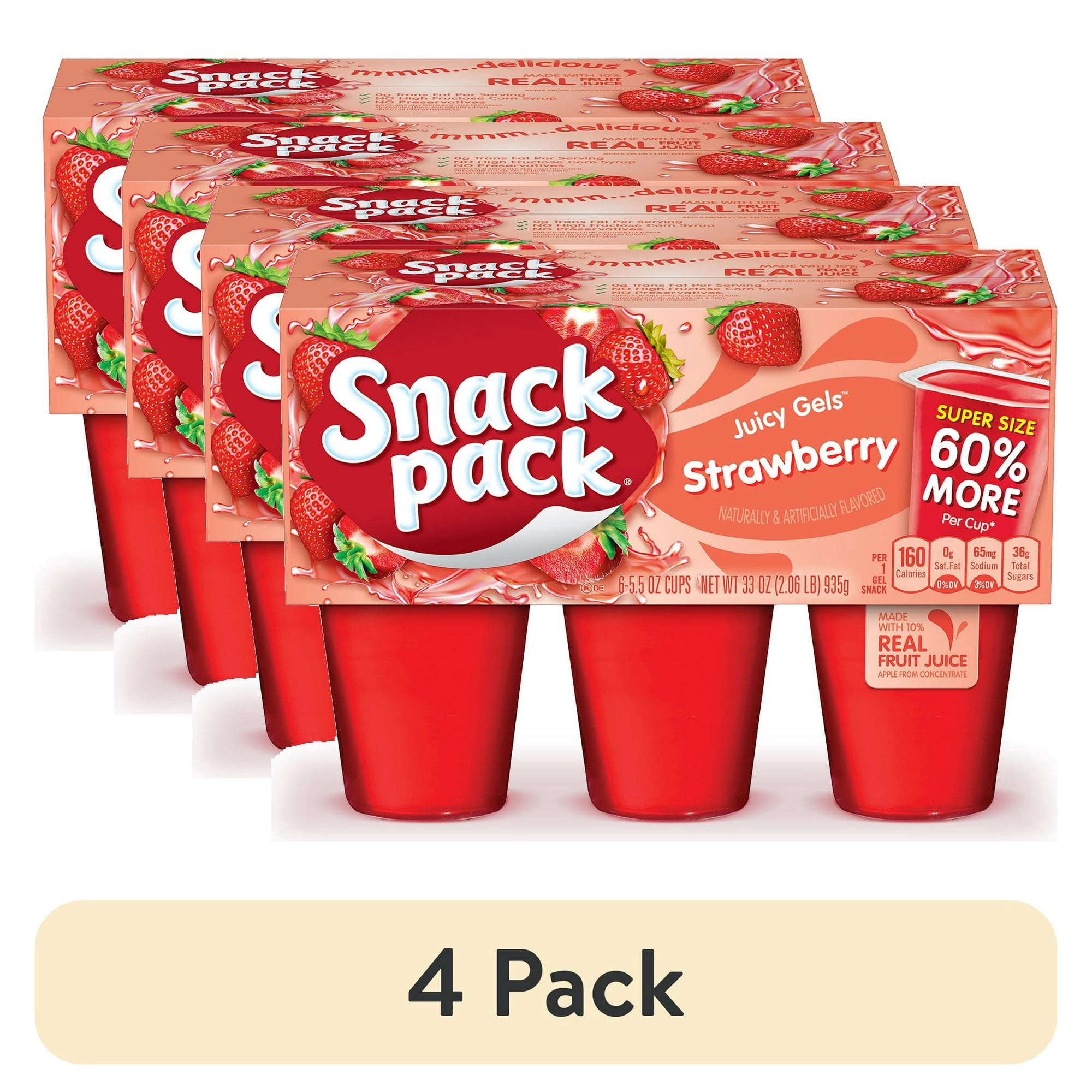 (4 pack) Snack Pack Super Size Strawberry Flavored Juicy Gels, 5.5 oz Snack Cups, 6 Count