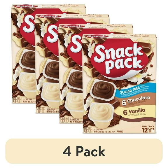 (4 pack) Snack Pack Zero Sugar Chocolate Pudding and Vanilla Pudding, 3.25 oz Pudding Cups, 12 Count Family Pack