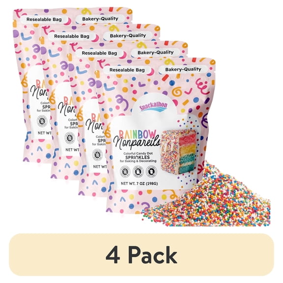 (4 pack) Snackathon Sprinkles for Baking & Decorating, Rainbow Nonpareils, 7 OZ Bulk Resealable Bag – Colorful Candy Dot Toppings for Cupcakes, Birthday Cakes, Cookies, Ice Cream & Desserts