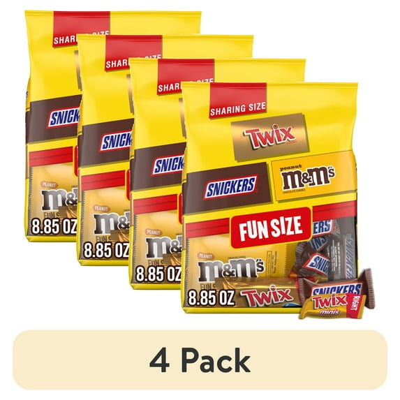 (4 pack) Snickers, M&M's & Twix Fun Size Chocolate Candy Variety Pack, Sharing Size - 8.85 oz Bag