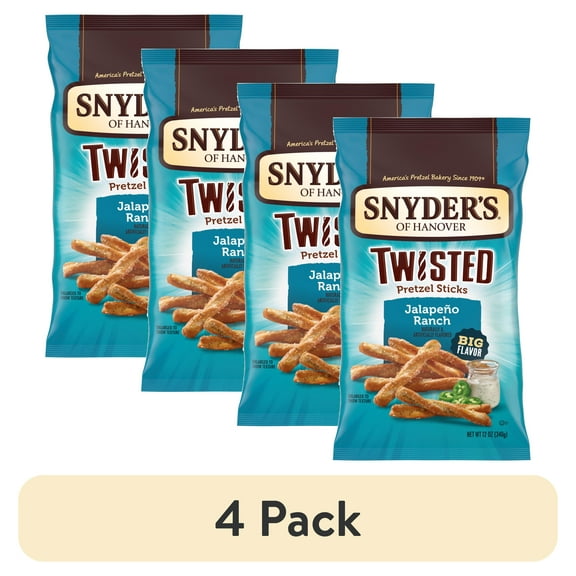 (4 pack) Snyder's of Hanover Jalapeno Ranch Flavored Twisted Pretzel Sticks, 12 oz Bag