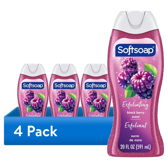 (4 pack) Softsoap Exfoliating Scrub Body Wash, Blackberry Sugar Scent, 20 fl oz