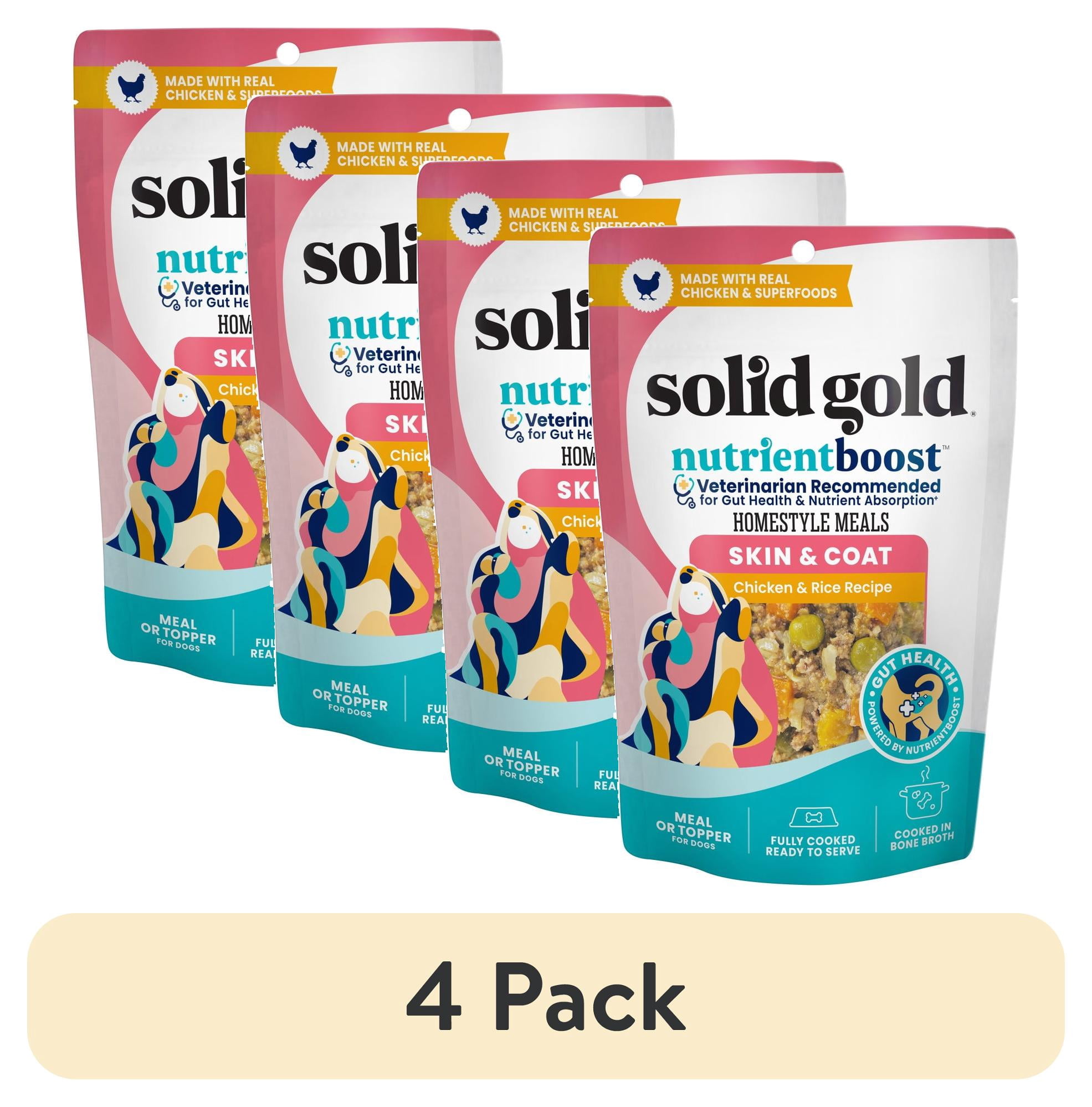 (4 pack) Solid Gold Homestyle Meals, Meal Topper for Dogs to Support Skin & Coat, Chicken & Rice Recipe, 9oz Pouch