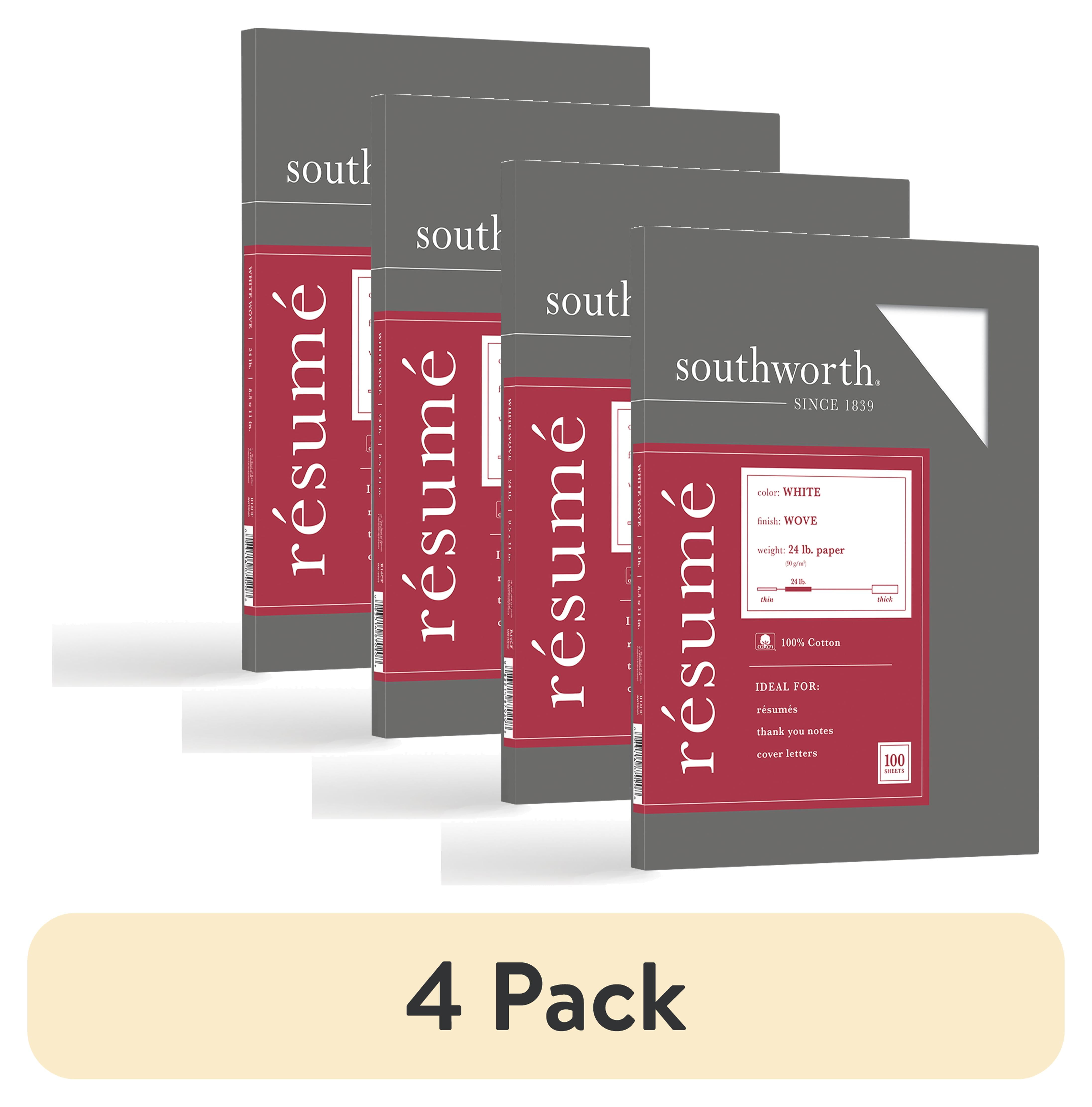 (4 pack) Southworth White Resume Paper, 8.5 x 11, 24 lb./89 Gsm, Wove Finish, 100 Sheets