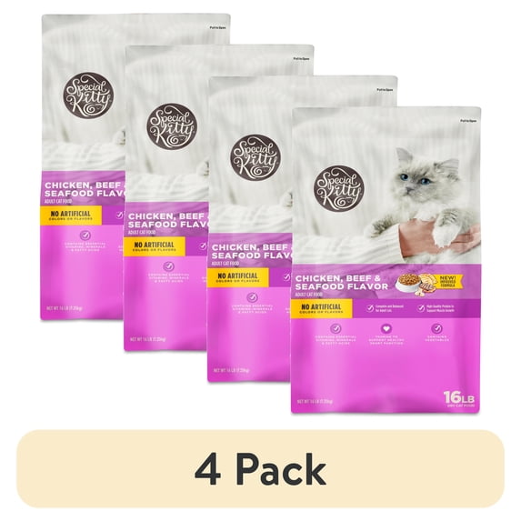 (4 pack) Special Kitty Chicken, Beef & Seafood Flavor Dry Cat Food, 16 lb Bag
