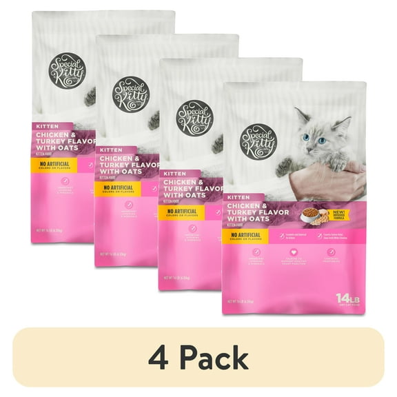 (4 pack) Special Kitty Chicken & Turkey Flavor with Oatmeal Kibble Dry Cat Food for Kittens, 14 lb Bag