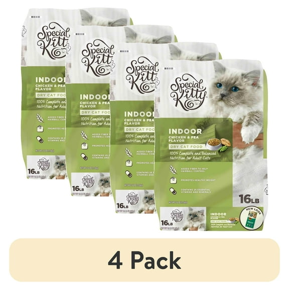 (4 pack) Special Kitty Indoor Formula Chicken & Pea Flavor Dry Cat Food, 16 lb Bag