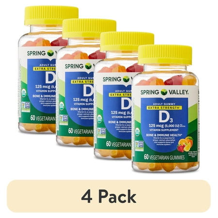 (4 pack) Spring Valley Extra Strength Vitamin D3 Supplement Vegetarian Gummies for Bone and Immune Health, 125 mcg (5000 IU), 60 Count