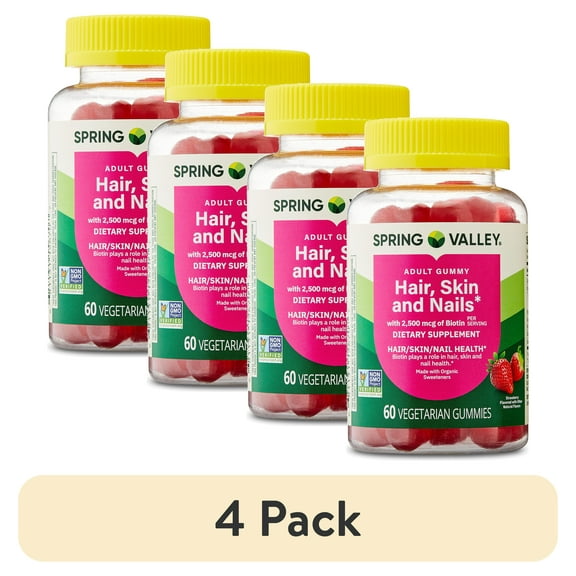 (4 pack) Spring Valley Organic Biotin Vegetarian Gummies, Strawberry Flavor, 2500mcg, 60 Count