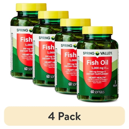 (4 pack) Spring Valley Omega-3 Fish Oil Soft Gels, Heart Health Dietary Supplement, 1000 mg, 60 Count