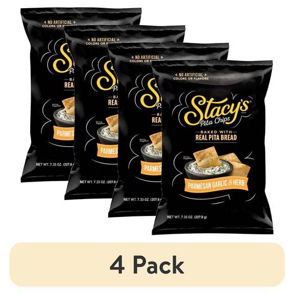 (4 pack) Stacys No Artificial Colors or Flavors Parmesan Garlic and Herb Pita Chips Bag, 7.33 oz