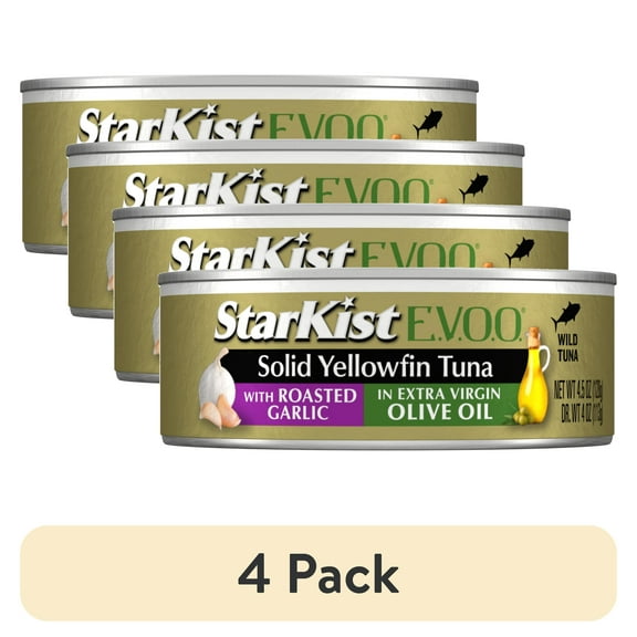 (4 pack) StarKist E.V.O.O. Solid Yellowfin/Light Tuna with Roasted Garlic in Extra Virgin Olive Oil, 28g Protein, 4.5 oz Can