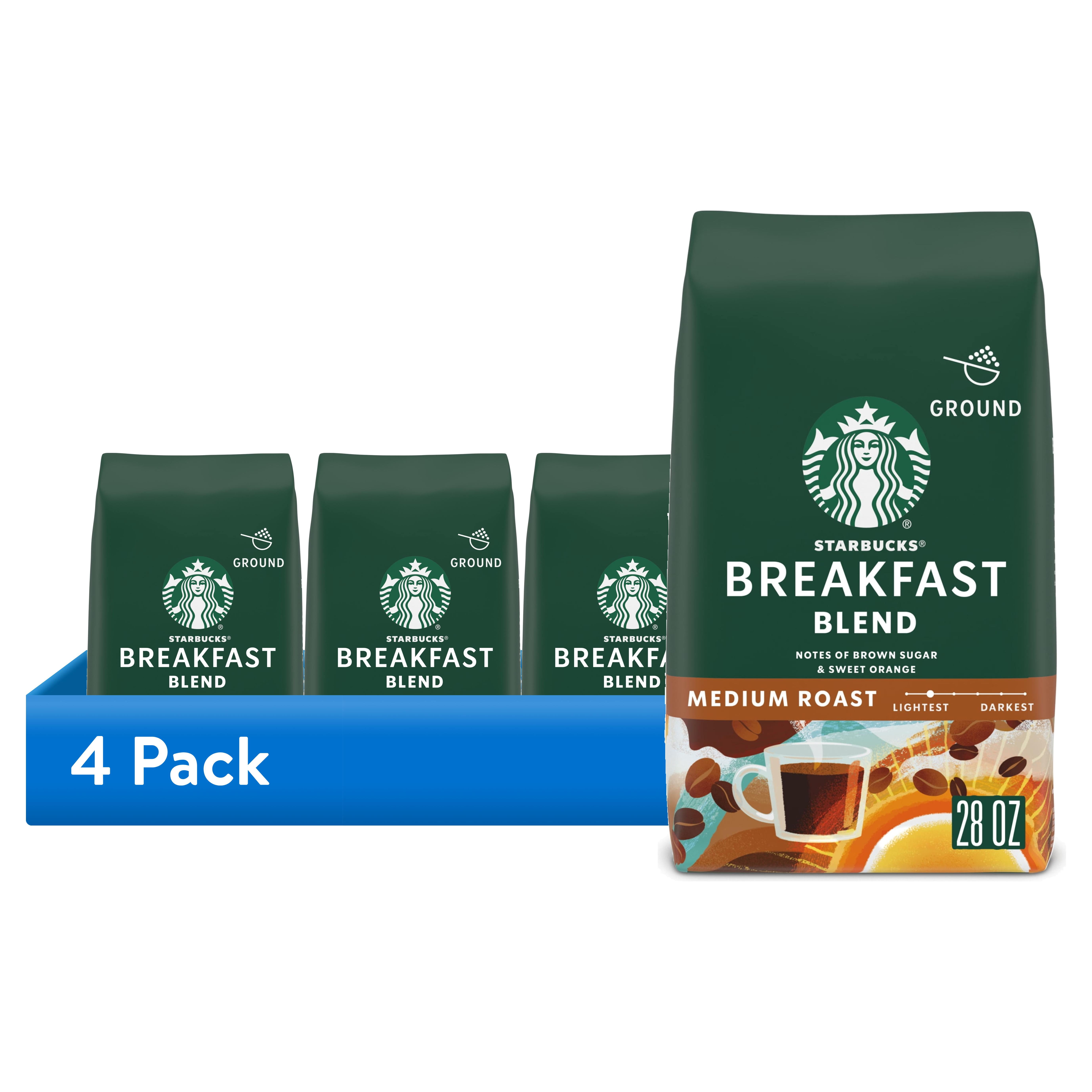 (4 pack) Starbucks Breakfast Blend, Ground Coffee, Medium Roast Hot or Iced Coffee, 28 oz