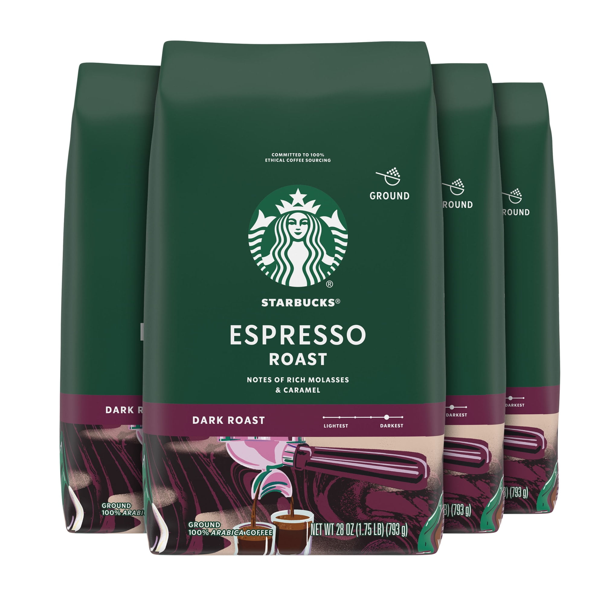 (4 pack) Starbucks Espresso Roast, Ground Coffee, Dark Roast Hot or Iced Coffee, 28 oz (4 Bags)