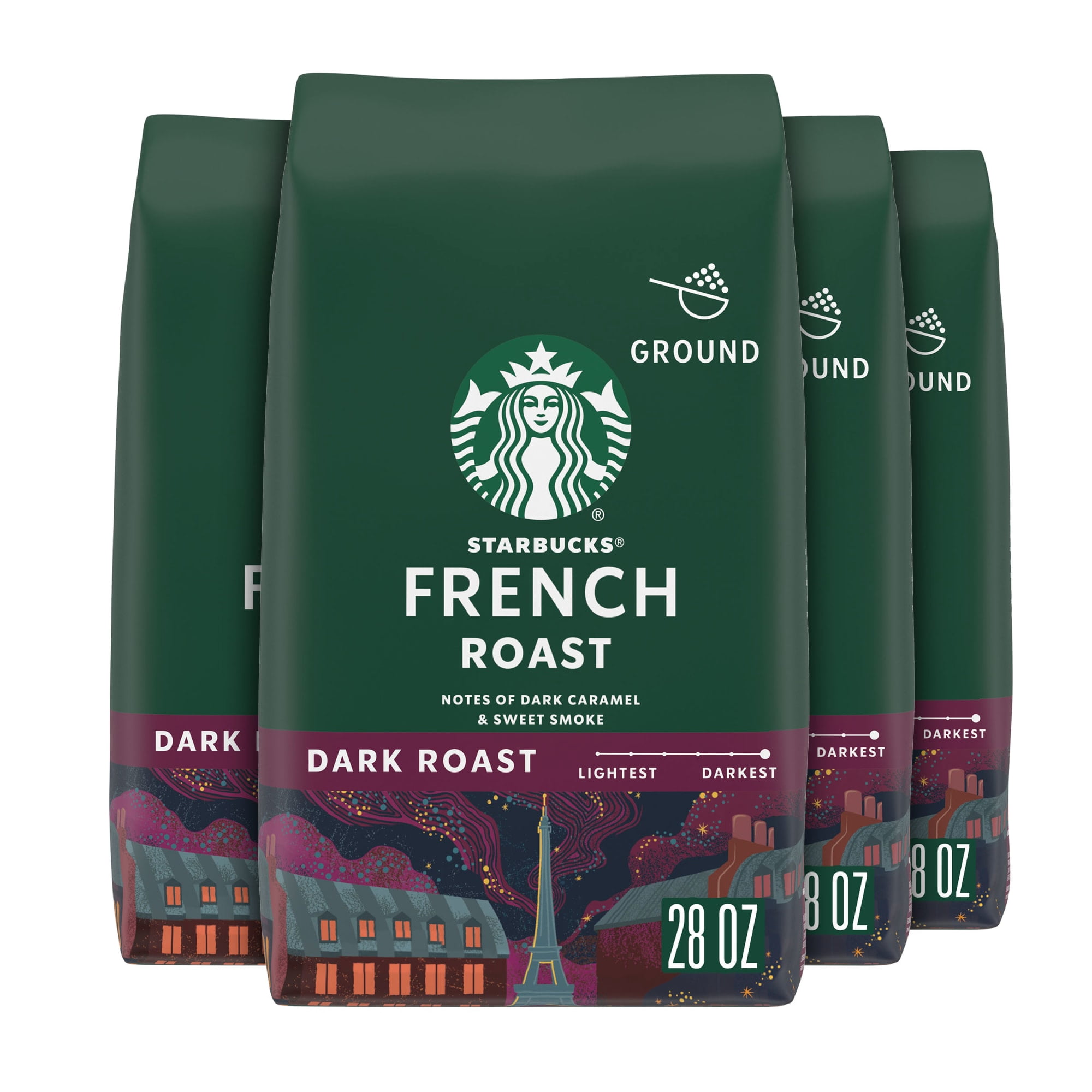 (4 pack) Starbucks French Roast, Flavored Ground Coffee, Dark Roast Hot or Iced Coffee, 28 oz