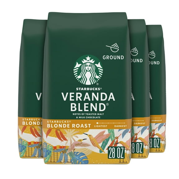 (4 pack) Starbucks Veranda Blend, Ground Coffee, Starbucks Blonde Roast Hot or Iced Coffee, 28 oz