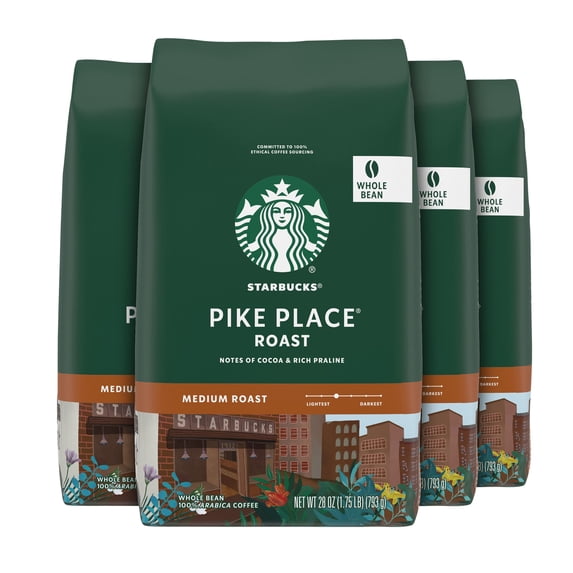 (4 pack) Starbucks Pike Place Roast, Whole Coffee Beans, Medium Roast Hot or Iced Coffee, 28 oz
