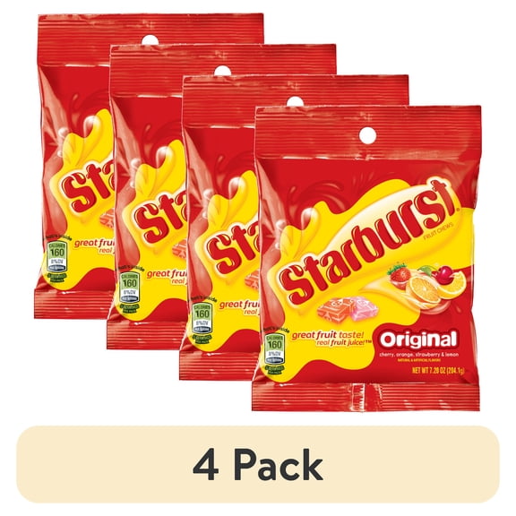(4 pack) Starburst Fruit Chews Original Cherry, Orange, Strawberry & Lemon Gummy's, 7.20oz, Plastic Bag
