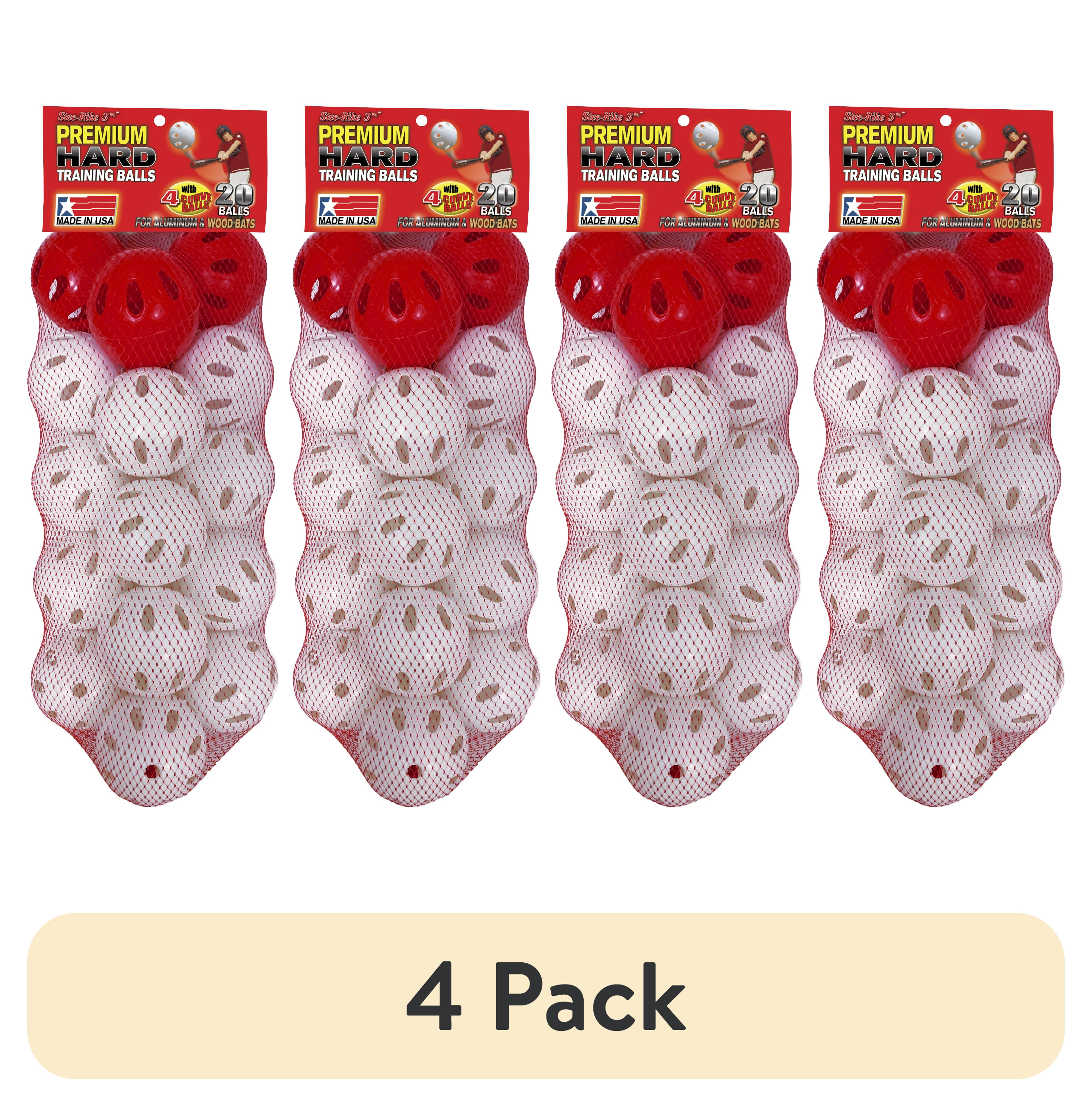 (4 pack) Stee-Rike 3 Premium Plastic Practice Baseballs, White & Red, 20-Pack with 4 Red Curve Balls, 1.5 lbs