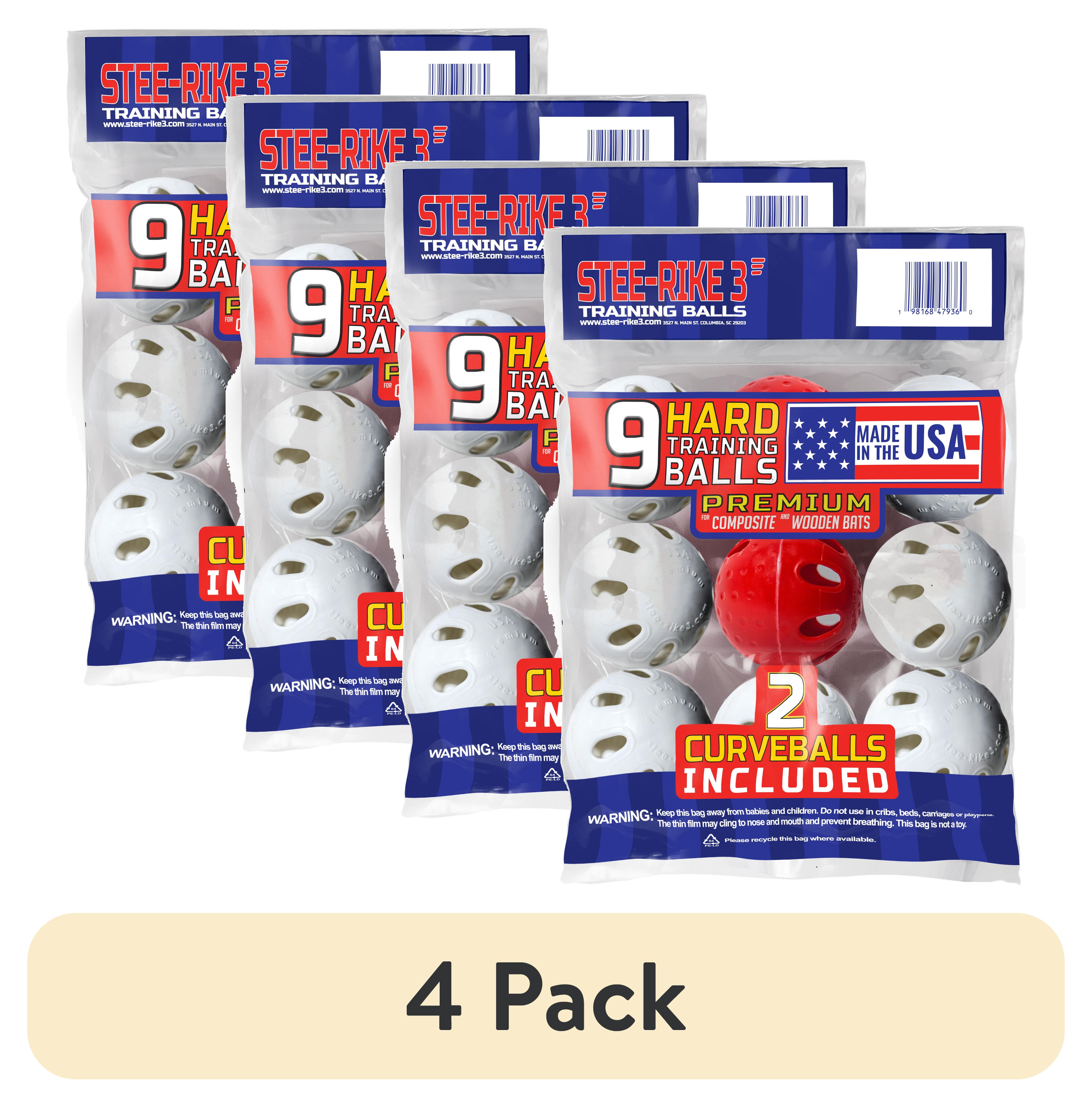 (4 pack) Stee-Rike 3 Premium Plastic Hard Training Baseballs, White & Red 9 Pack.