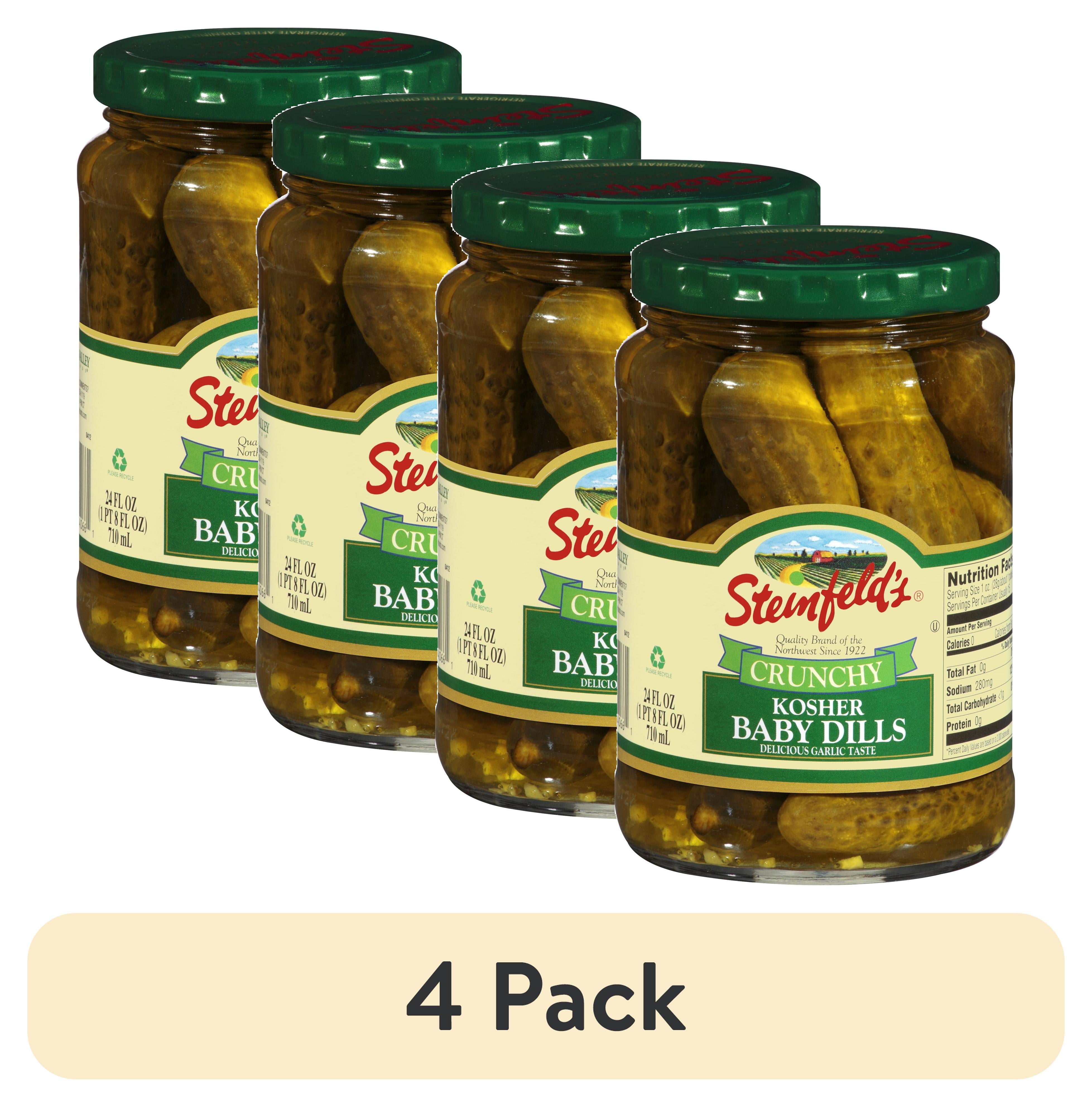(4 pack) Steinfeld's Dairy-Free Whole Crunchy Kosher Baby Dill Pickles, Gluten-Free, No Spice, 24 fl oz, Jar