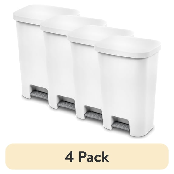 (4 pack) Sterilite Large Kitchen Trash Can, 11.9 Gallon Plastic Garbage Bin with Step Lid, White