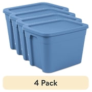 (4 pack) Sterilite 18 Gallon Tote, Plastic Storage Bin with Snap-on Lid, Stackable, Blue