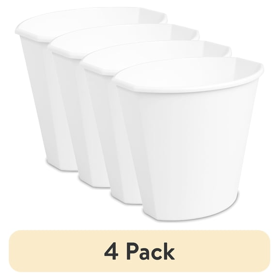 (4 pack) Sterilite Small Bathroom Trash Can, 2.5 Gallon Plastic Garbage Bucket Bin with No Lid, White
